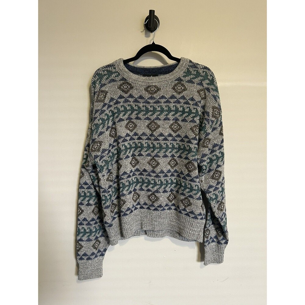 Vintage Large 90s Reed St. John Funky Geometric Cotton Knit Sweater Grey